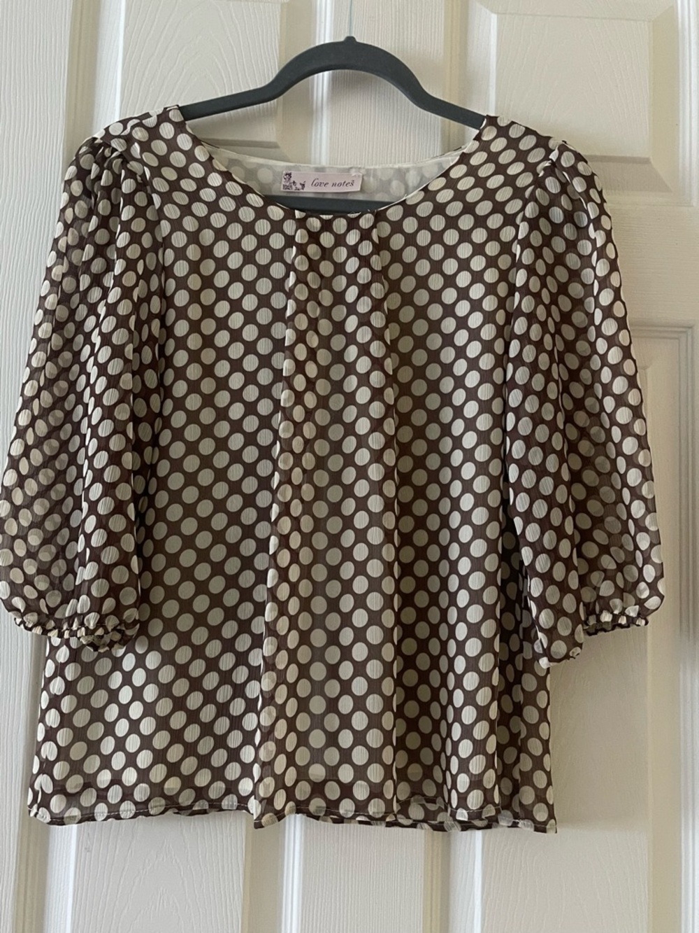 Love Notes Brown and Cream Polka Dot Puff Sleeve Blouse